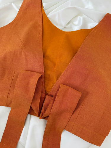 Ready To Wear Saree Blouse | Handwoven Cotton | Size 34 | Orange | Boat Neck | Free Shipping | Ships from California